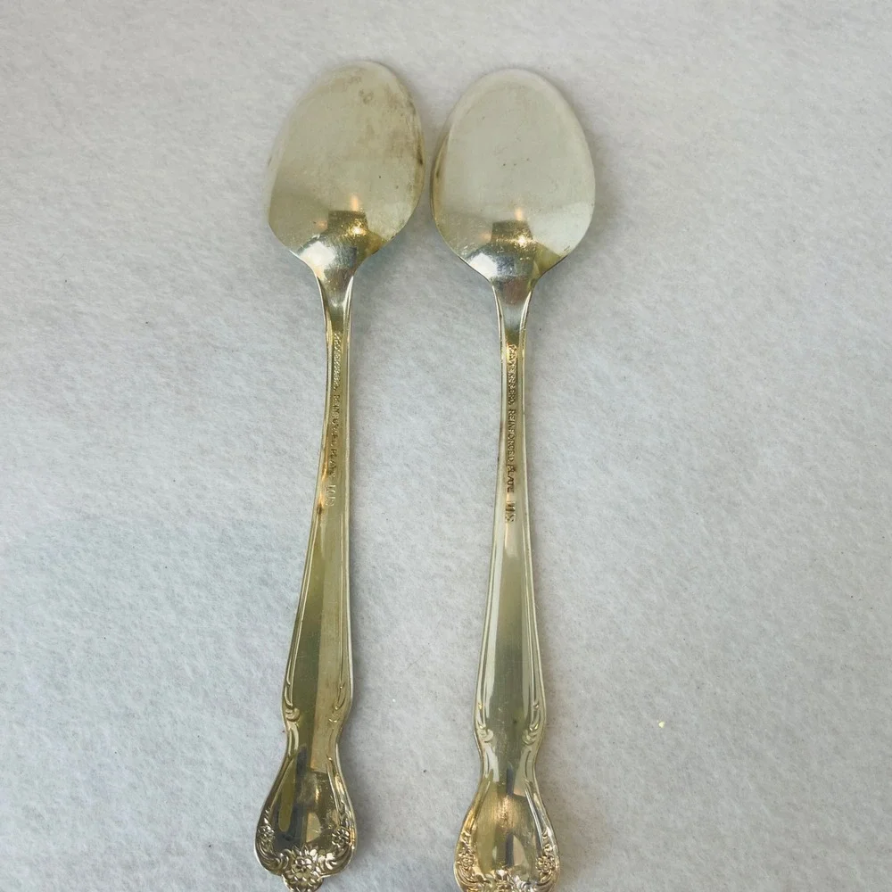 Vintage Rogers & Bro Silver Plate Serving Spoons Flowers  Set of 2 Floral 7.25in